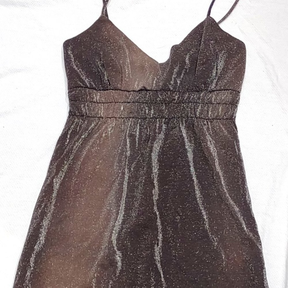 AZIZ BROWN SILVER SHIMMERY THREAD OMBRE SPAGHETTI STRAPS LINED MINI DRESS SIZE S